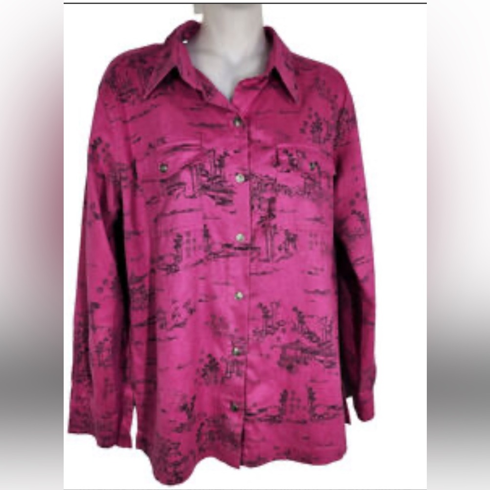 Chico’s 3 Button up long sleeve magenta shacket style tunic w Asian pagoda print